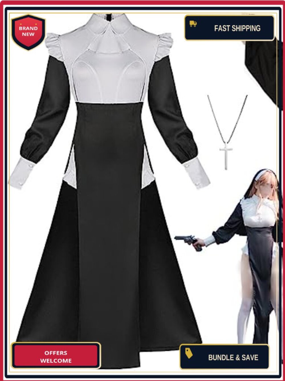 Women Nun Cosplay Costume Gothic Polyester Spandex Bodysuit Halloween Outfit